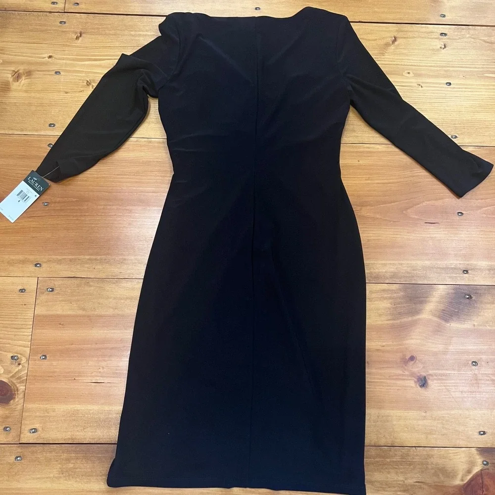 Lauren Ralph Lauren Black Faux Wrap Ruched Sheath Dress 3/4 Sleeve Size 4 NEW - Picture 9 of 9